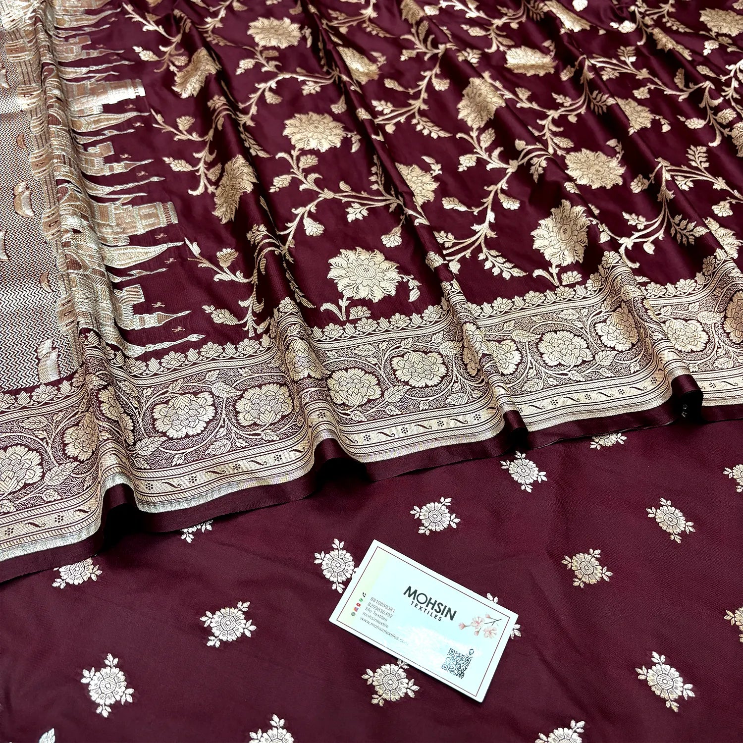 Wine Ganga Ghat Katan Silk Banarasi Suit