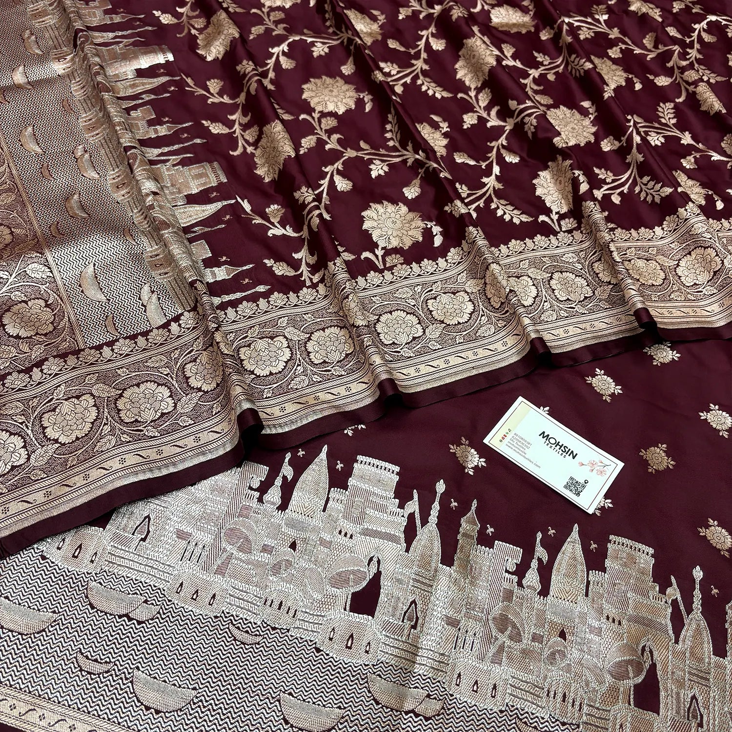 Wine Ganga Ghat Katan Silk Banarasi Suit