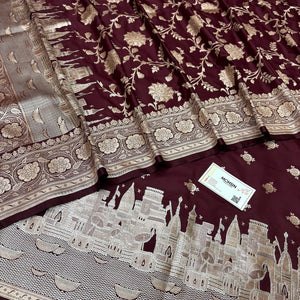 Wine Ganga Ghat Katan Silk Banarasi Suit