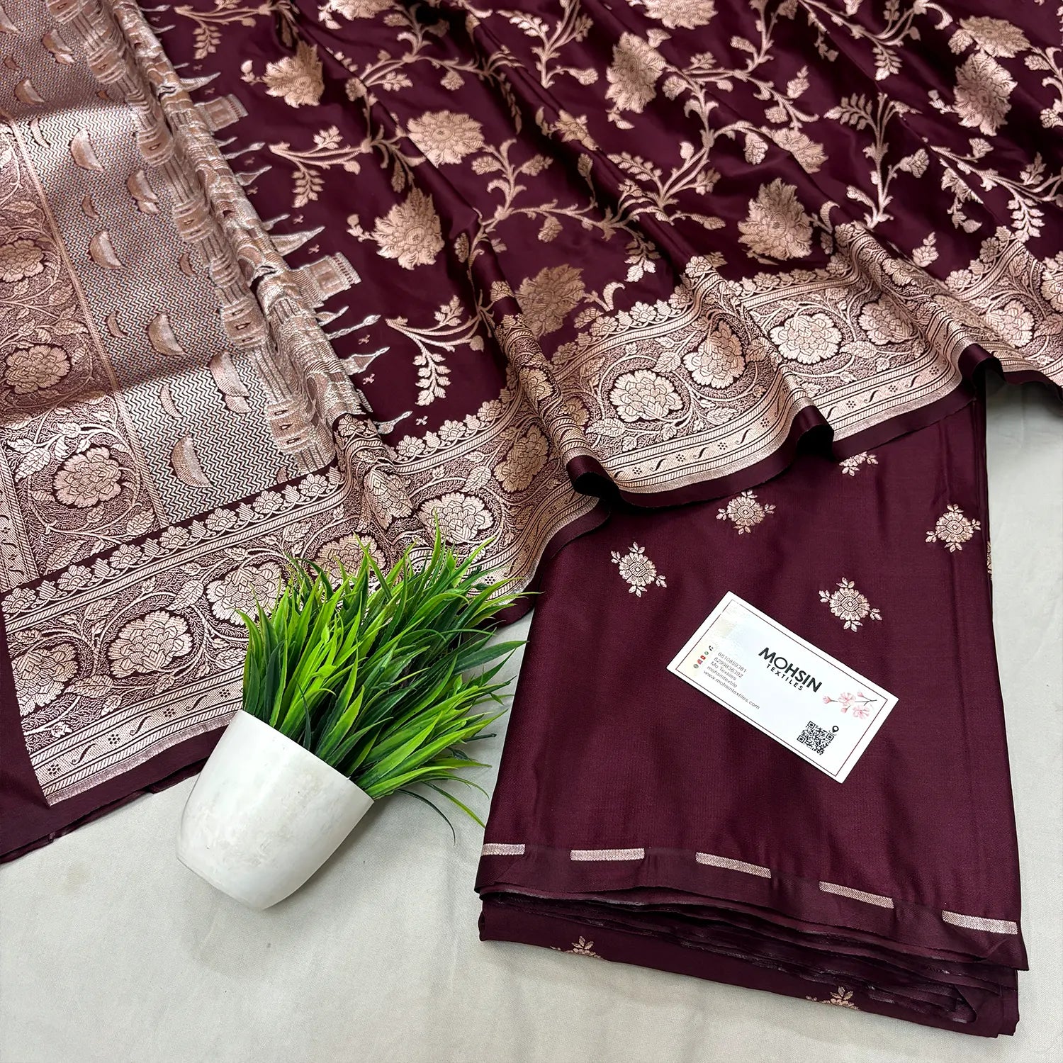 Wine Ganga Ghat Katan Silk Banarasi Suit