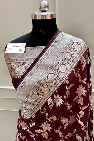 Wine Jasmine Jaal Katan Silk Banarasi Saree