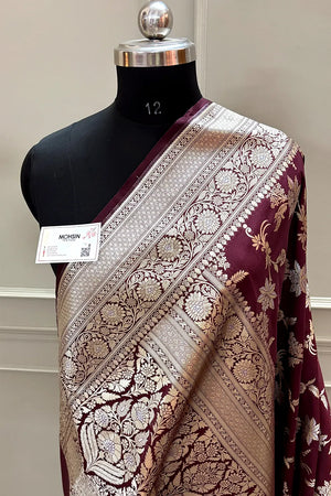 Wine Jasmine Jaal Katan Silk Banarasi Saree