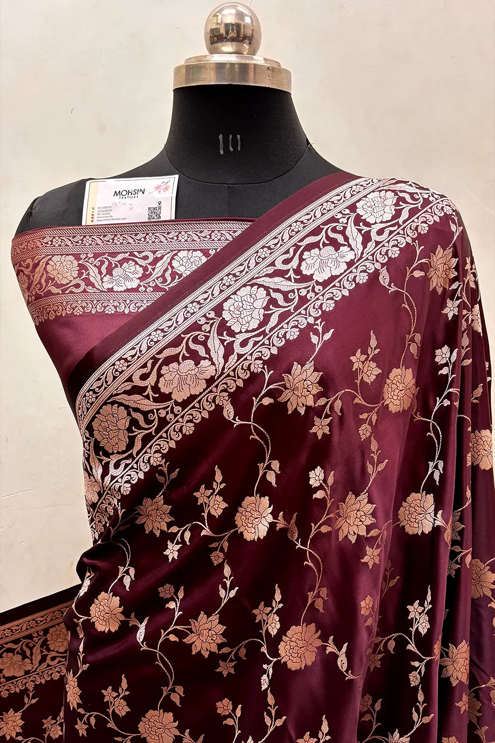 Wine Kesari Jaal Katan Silk Banarasi Saree