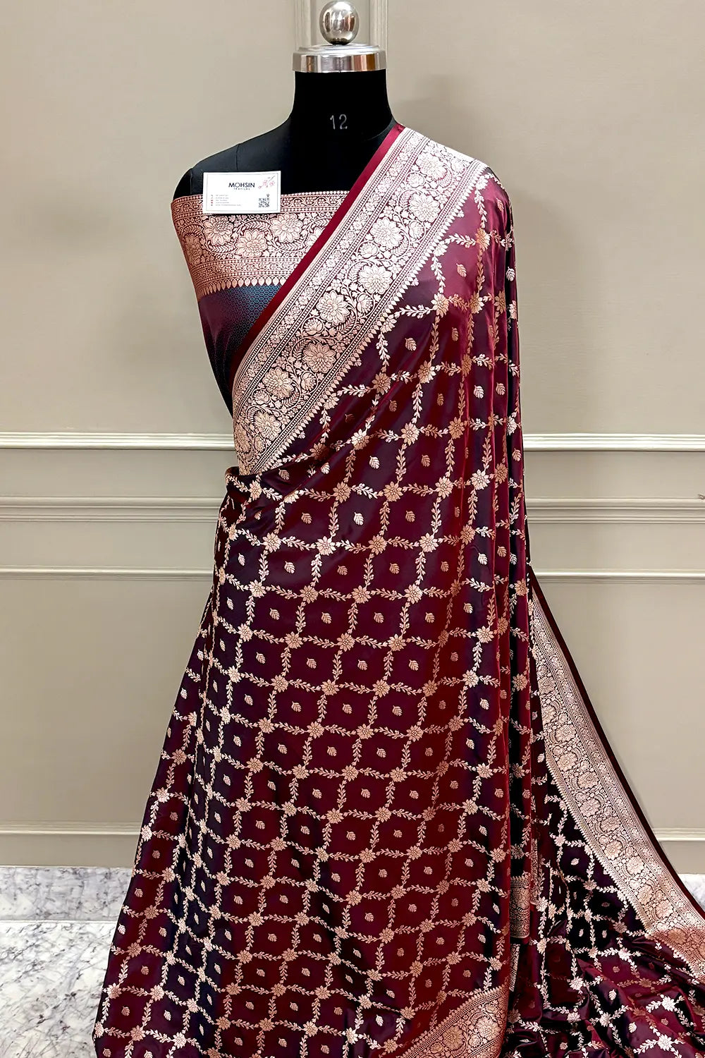 Wine Maroon Qaidi Buti Katan Silk Banarasi Saree