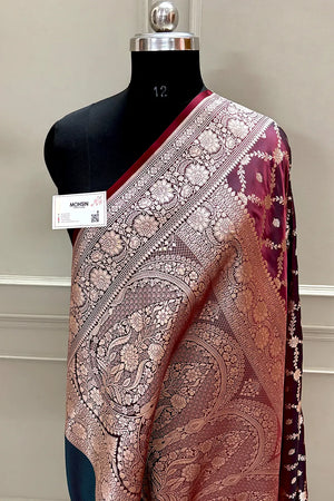 Wine Maroon Qaidi Buti Katan Silk Banarasi Saree