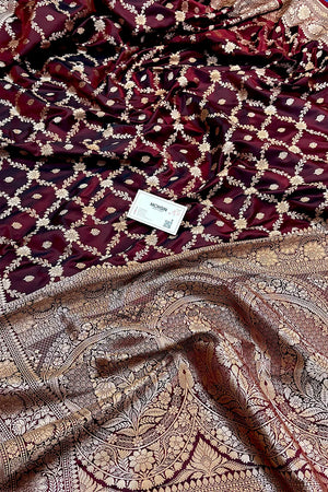 Wine Maroon Qaidi Buti Katan Silk Banarasi Saree