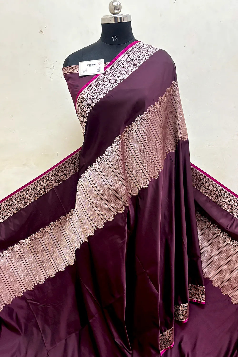 Wine Plain Katan Mashru Silk Banarasi Saree