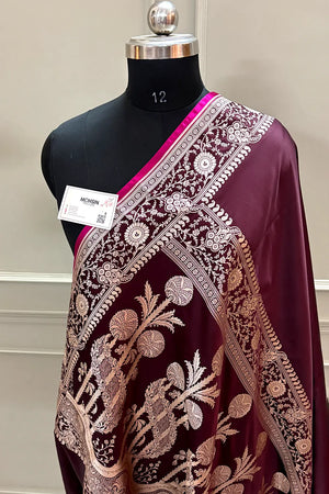 Wine Plain Katan Silk Banarasi Saree