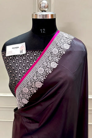 Wine Plain Zari Border Katan Silk Banarasi Saree
