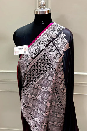 Wine Plain Zari Border Katan Silk Banarasi Saree