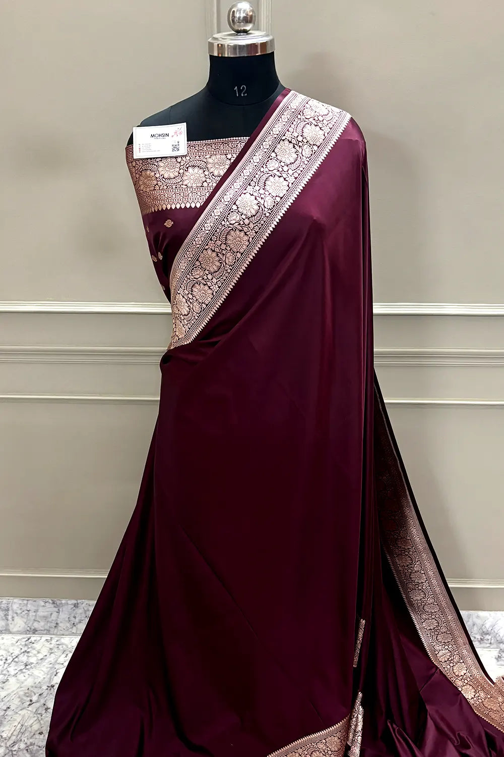 Wine Plain Zari Katan Mashru Silk Banarasi Saree