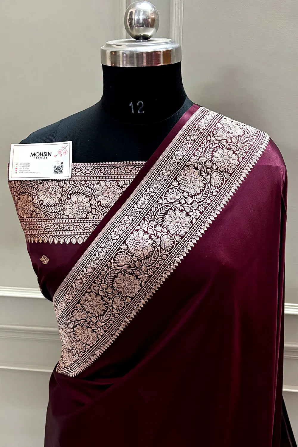 Wine Plain Zari Katan Mashru Silk Banarasi Saree