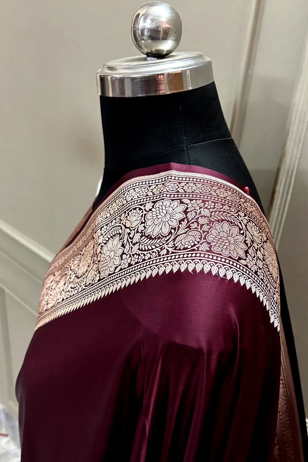 Wine Plain Zari Katan Mashru Silk Banarasi Saree
