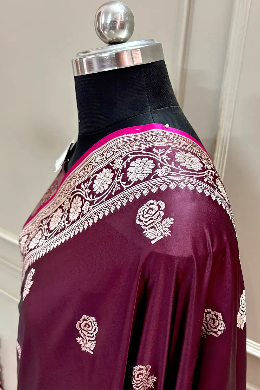 Wine Rose Buti Katan Silk Banarasi Saree