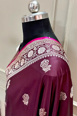 Wine Rose Buti Katan Silk Banarasi Saree