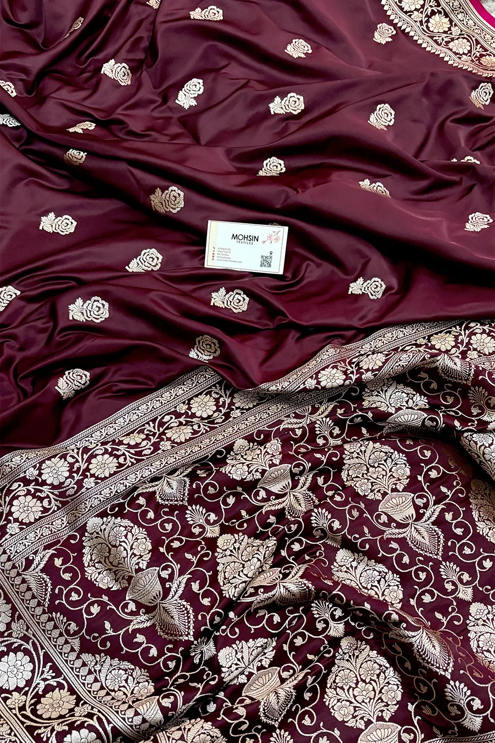Wine Rose Buti Katan Silk Banarasi Saree