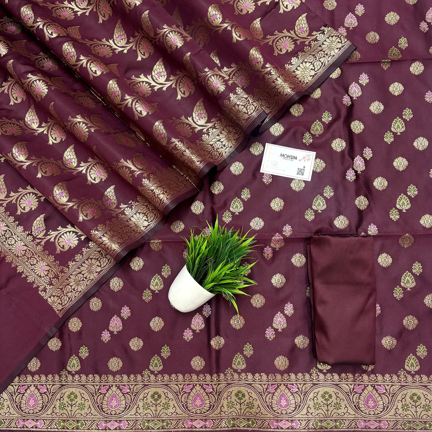 Wine Semi Katan Silk Banarasi Suit