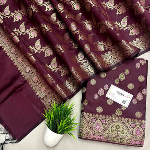 Wine Semi Katan Silk Banarasi Suit