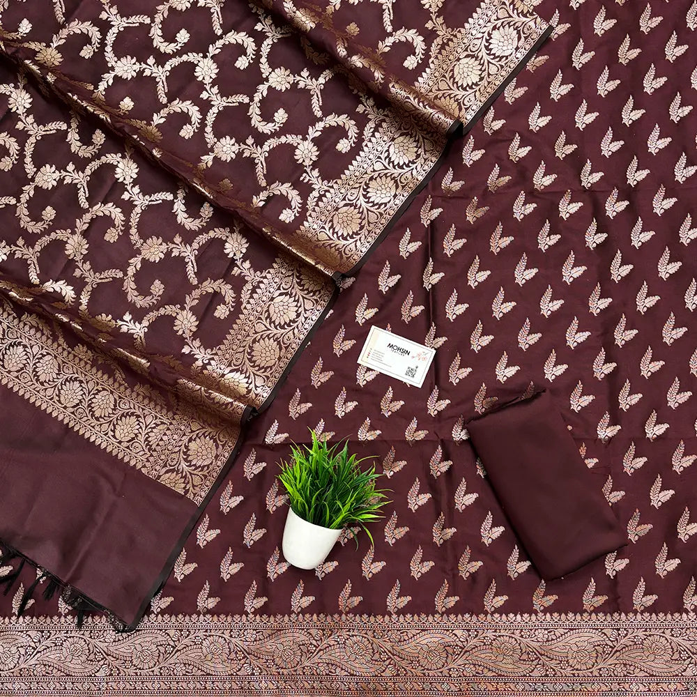 Wine Semi Katan Silk Banarasi Suit