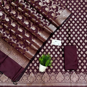 Wine Singhasan Buti Semi Katan Silk Banarasi Suit