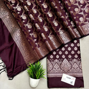 Wine Singhasan Buti Semi Katan Silk Banarasi Suit