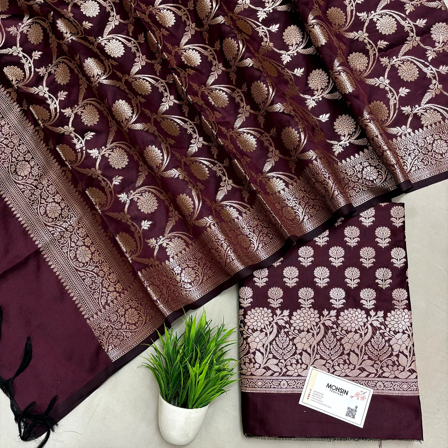 Wine Sunflower Semi Katan Silk Banarasi Suit