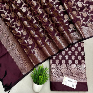 Wine Sunflower Semi Katan Silk Banarasi Suit