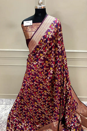 Wine Zari Banarasi Silk Saree