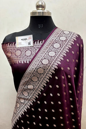 Wine Zari Katan Mashru Silk Banarasi Saree
