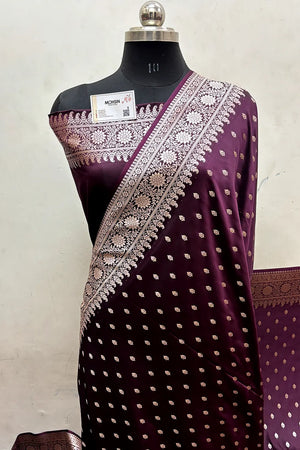 Wine Zari Katan Mashru Silk Banarasi Saree