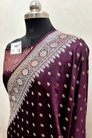 Wine Zari Katan Mashru Silk Banarasi Saree