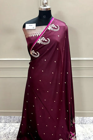 Wine Zari Katan Mashru Silk Banarasi Saree