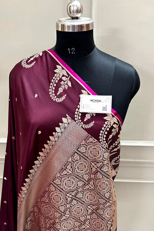 Wine Zari Katan Mashru Silk Banarasi Saree