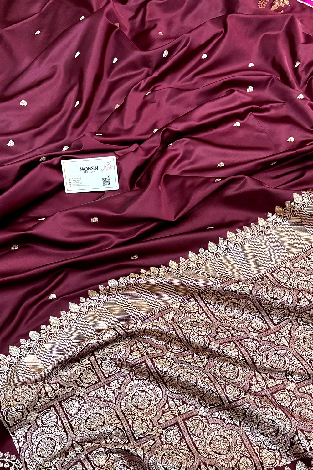 Wine Zari Katan Mashru Silk Banarasi Saree