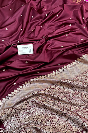 Wine Zari Katan Mashru Silk Banarasi Saree