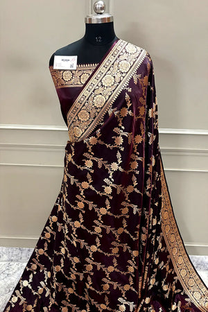 Wine Zari Katan Satin Silk Banarasi Saree