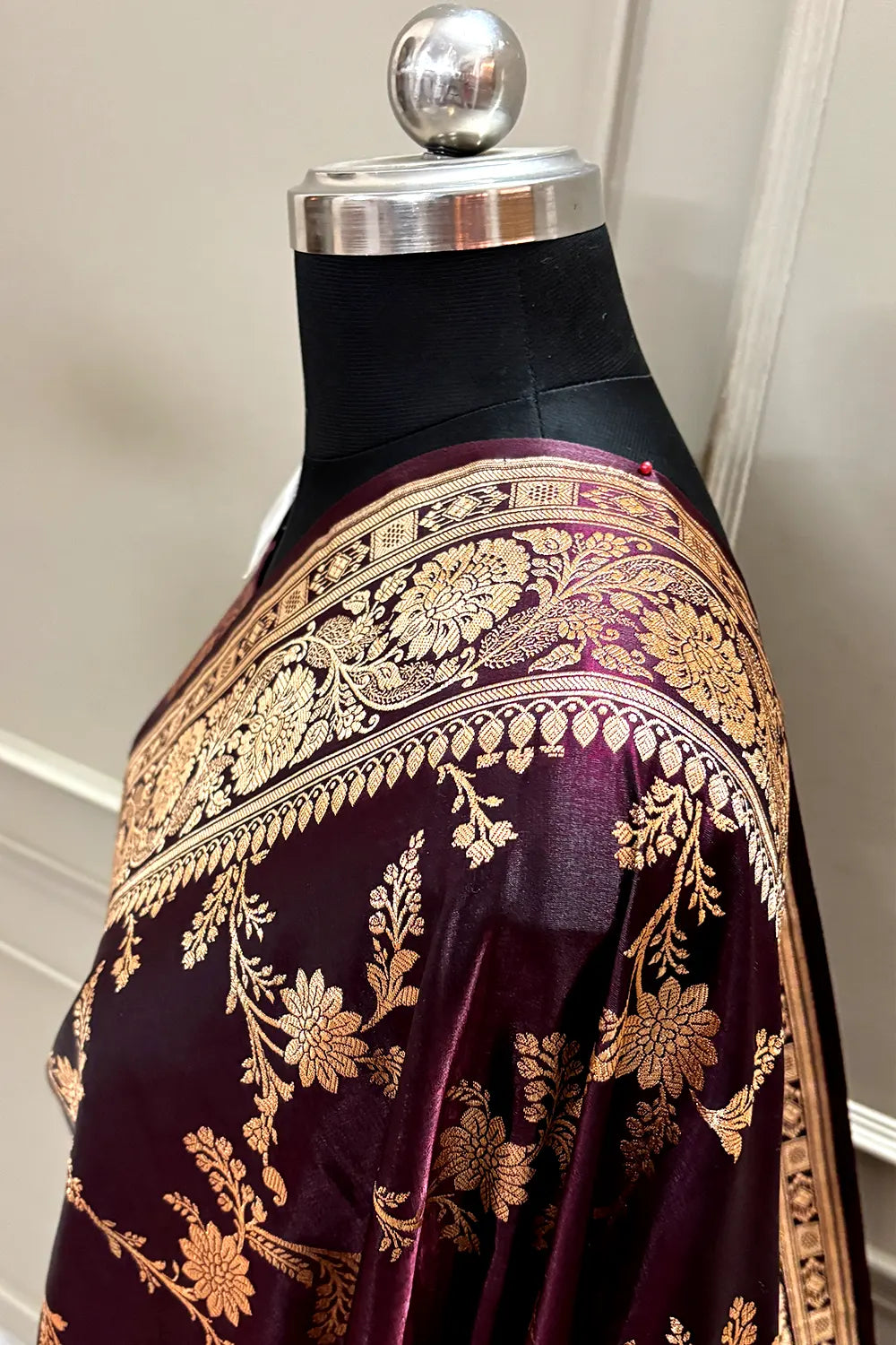 Wine Zari Katan Satin Silk Banarasi Saree