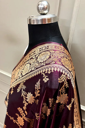 Wine Zari Katan Satin Silk Banarasi Saree