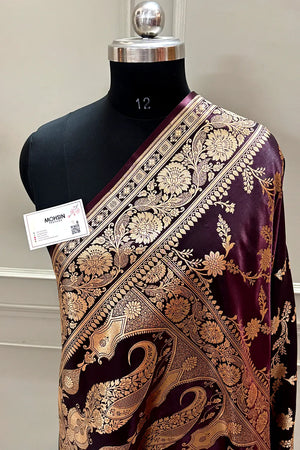 Wine Zari Katan Satin Silk Banarasi Saree