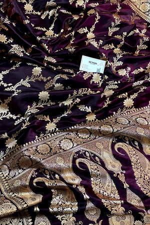 Wine Zari Katan Satin Silk Banarasi Saree