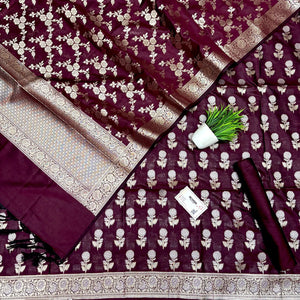Wine Zari Katan Silk Banarasi Suit