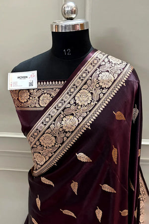 Wine Zari Satin Silk Banarasi Saree
