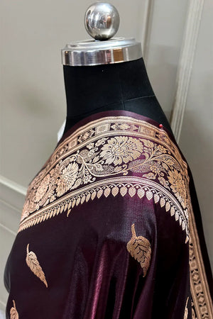 Wine Zari Satin Silk Banarasi Saree