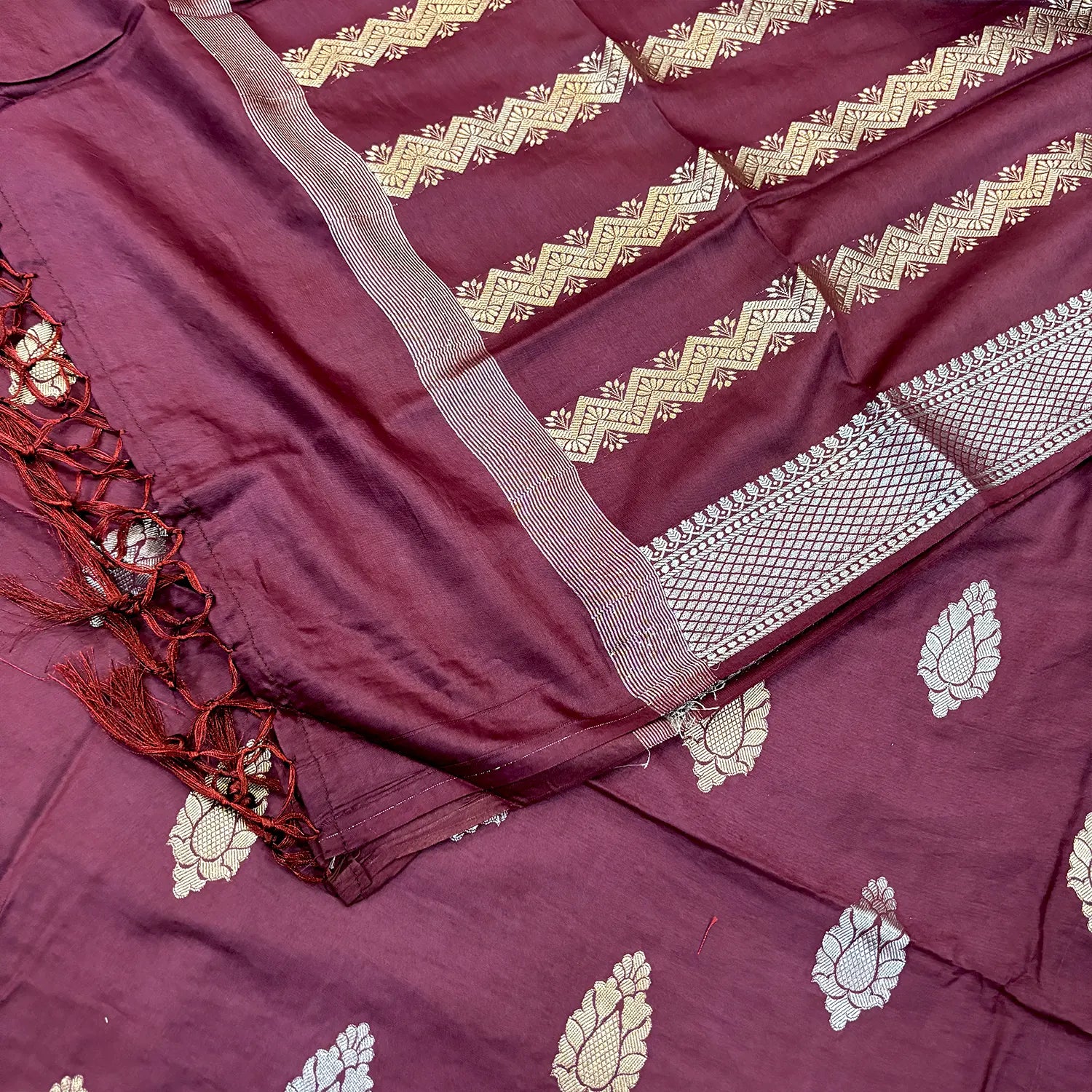 Wine Zari Satin Silk Banarasi Suit