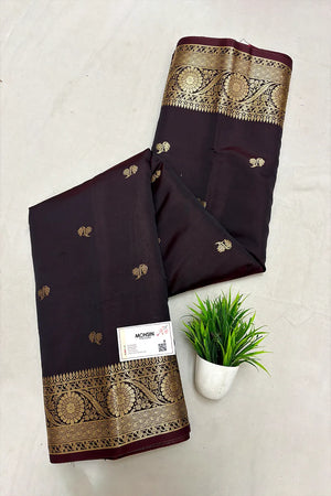 Wine Zari Semi Katan Silk Banarasi Saree