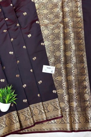 Wine Zari Semi Katan Silk Banarasi Saree