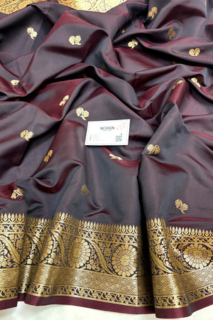Wine Zari Semi Katan Silk Banarasi Saree