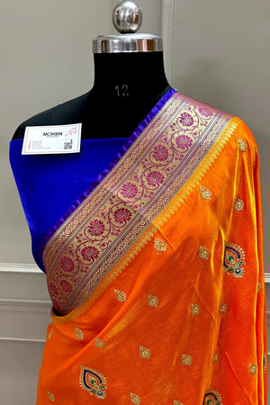 Yellow and Blue Golden Zari Satin Silk Banarasi Saree