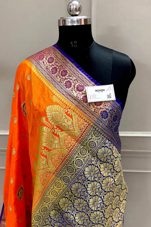 Yellow and Blue Golden Zari Satin Silk Banarasi Saree