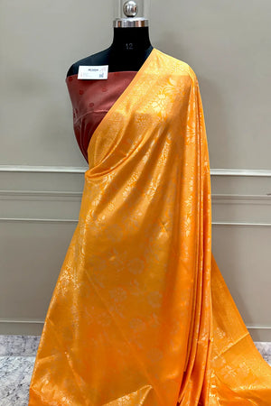 Yellow and Maroon Zari Banarasi Silk Saree